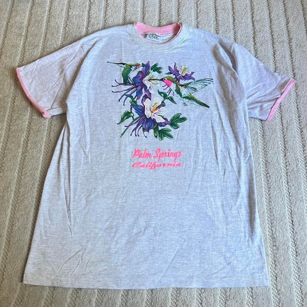 VTG 90s Palm Springs California Tshirt size Large Floral Bird Summer Vacation